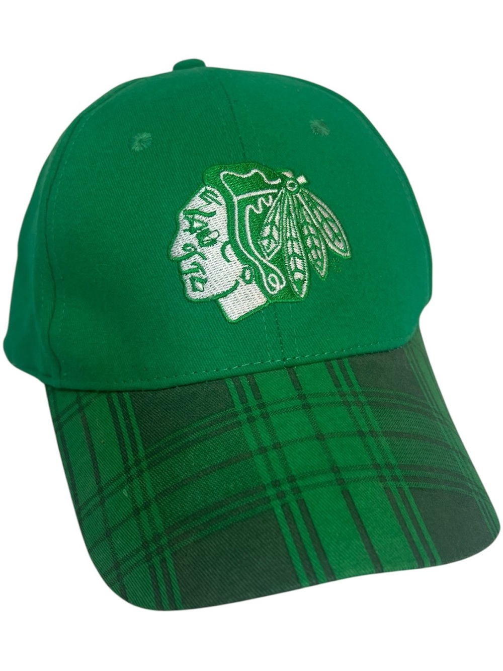 Chicago Blackhawks Hockey Irish Green Plaid Snapback Cap with Embroidered Logo.